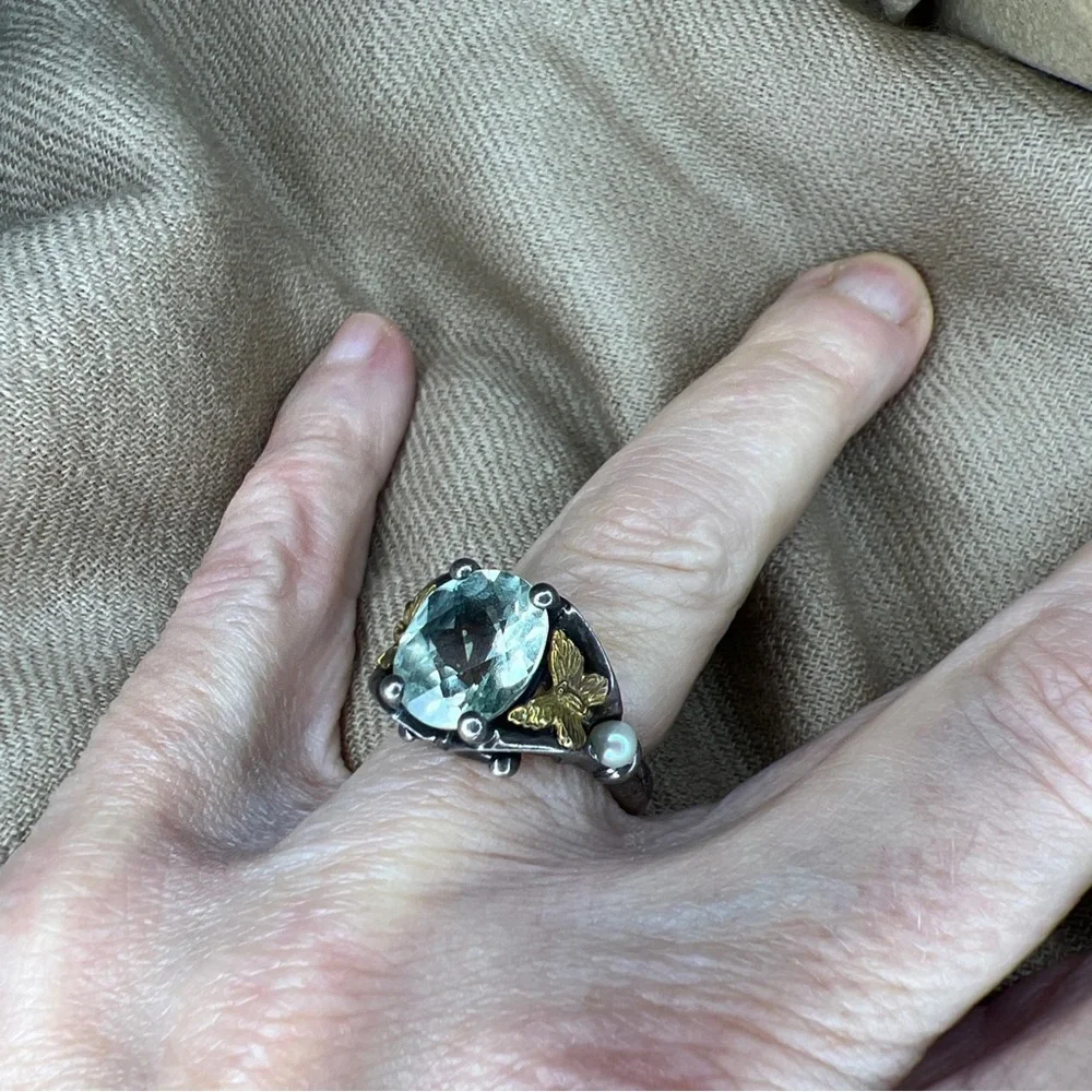 Ann king sterling silver 18K green amethyst/prasiolite pearl butterfly ring - Picture 15 of 16